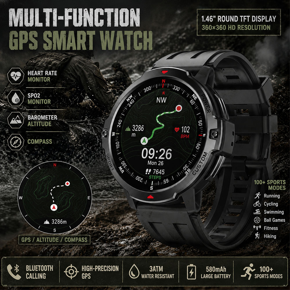 YENI 1.46 Inç Askeri GPS Smart - Timex Watches Smartwatch incelemesi ve fiyatı